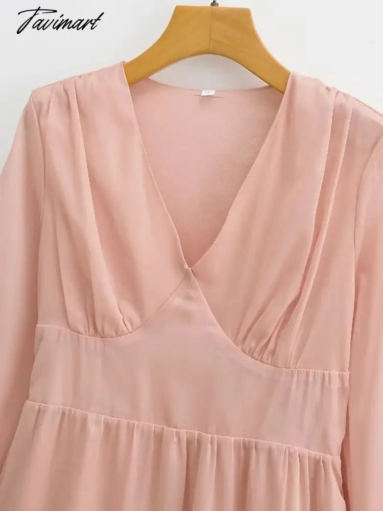 Elegant Party Mini Dress Women French Style Retro V-neck Collect Waist Solid Fashion Chiffon Dress