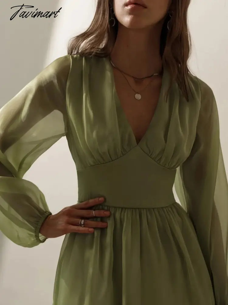 Elegant Party Mini Dress Women French Style Retro V-neck Collect Waist Solid Fashion Chiffon Dress