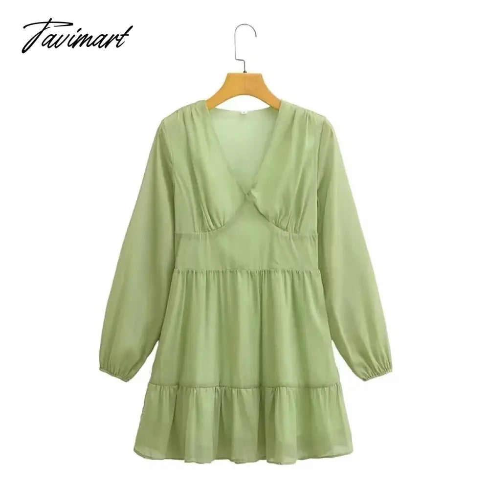 Elegant Party Mini Dress Women French Style Retro V-neck Collect Waist Solid Fashion Chiffon Dress