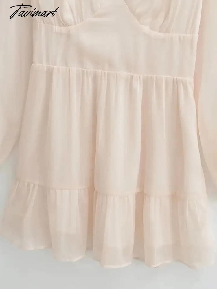 Elegant Party Mini Dress Women French Style Retro V-neck Collect Waist Solid Fashion Chiffon Dress