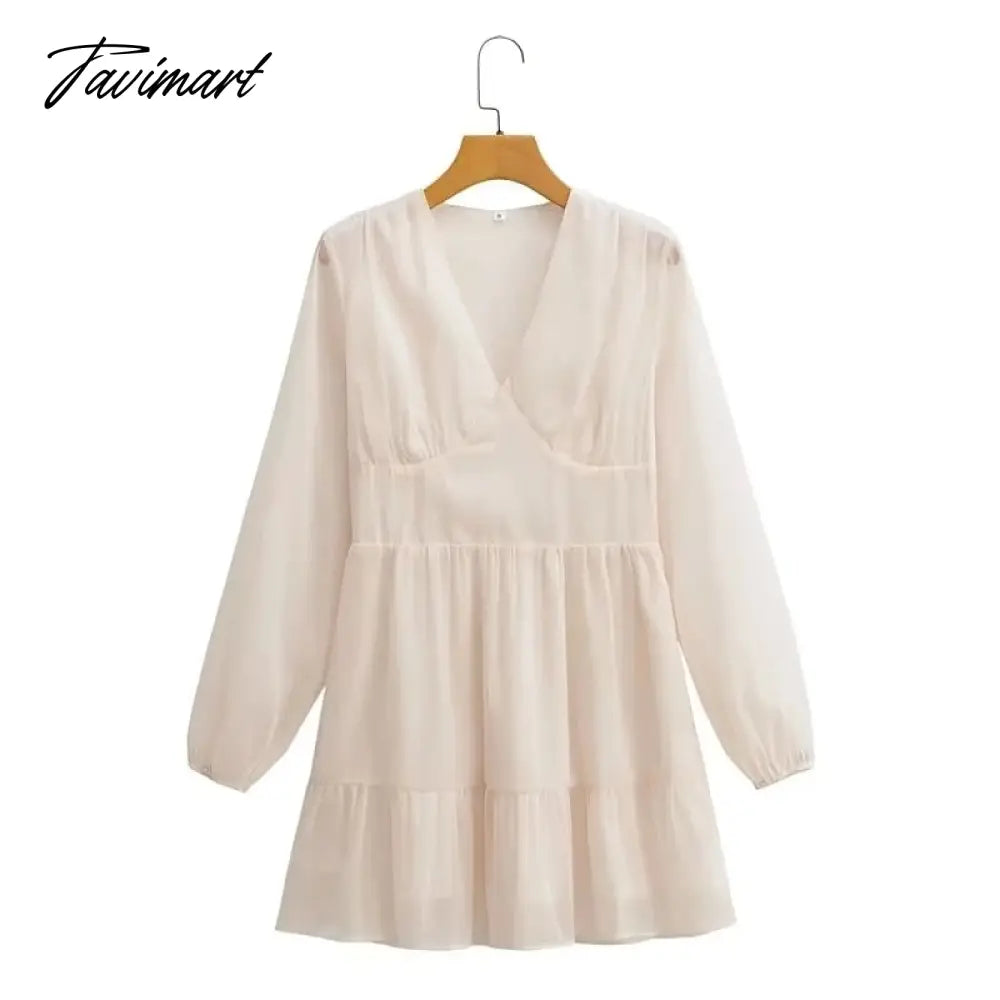 Elegant Party Mini Dress Women French Style Retro V-neck Collect Waist Solid Fashion Chiffon Dress