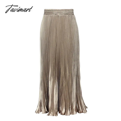 Elegant Pleated Skirts Women Autumn High Waisted Stright Long Skirts Femme Streetwear Black Elastic A-line Skirt