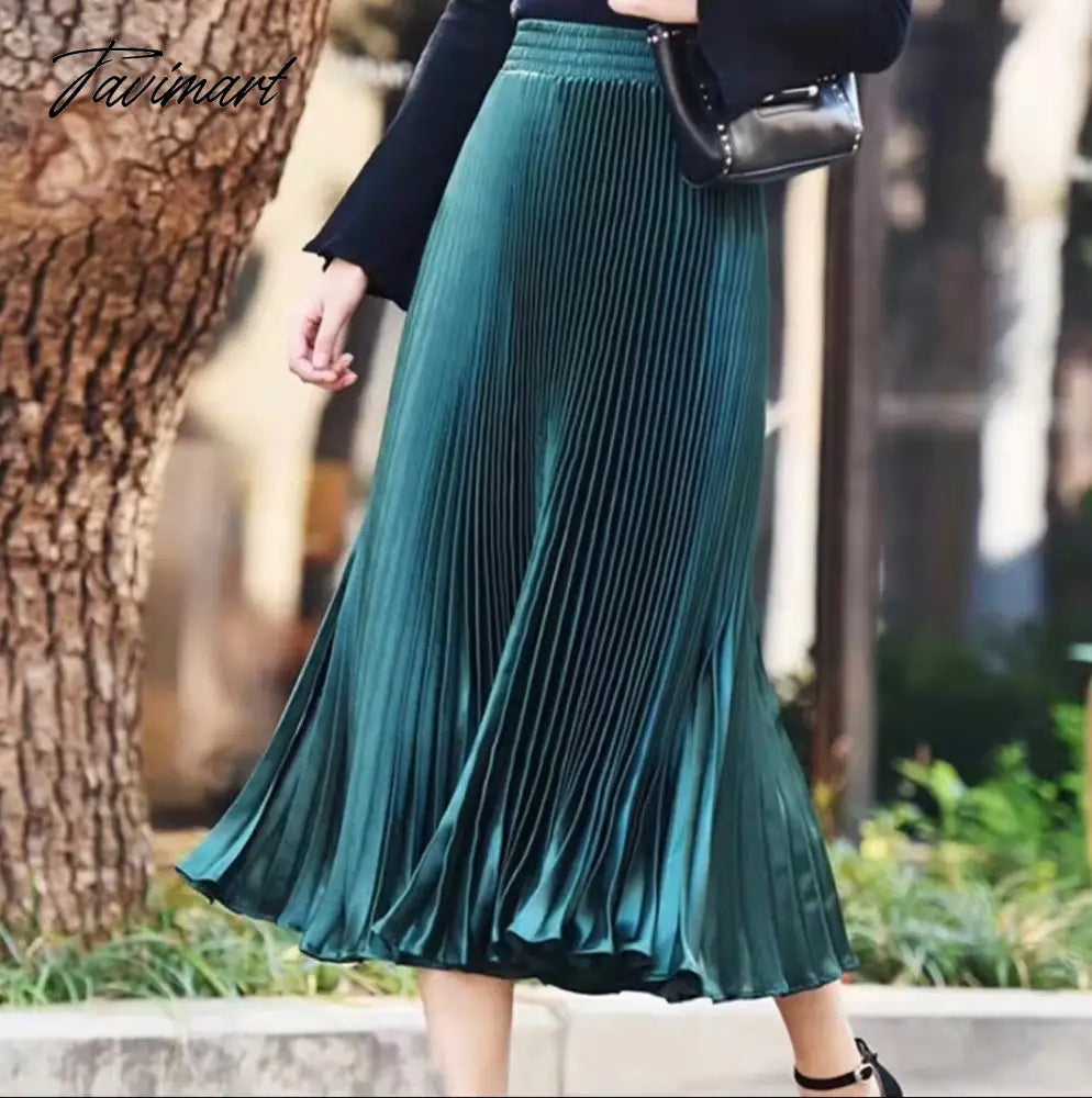 Elegant Pleated Skirts Women Autumn High Waisted Stright Long Skirts Femme Streetwear Black Elastic A-line Skirt