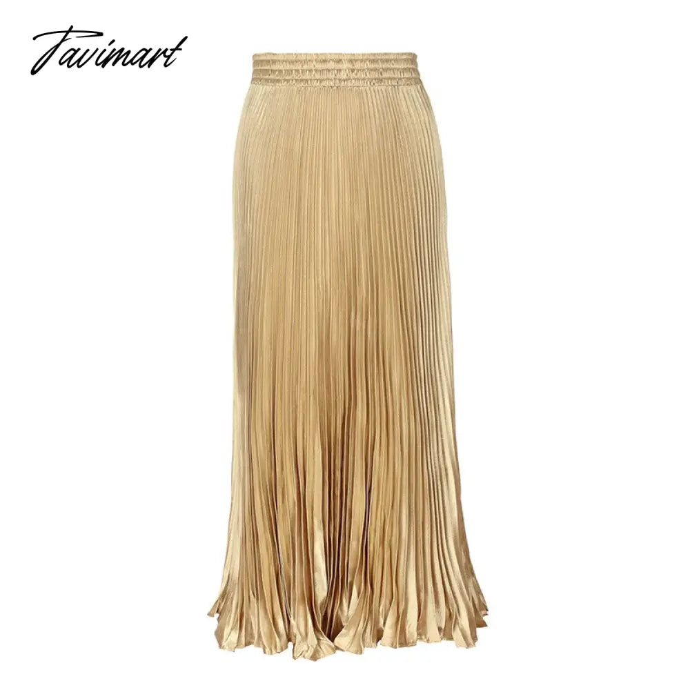 Elegant Pleated Skirts Women Autumn High Waisted Stright Long Skirts Femme Streetwear Black Elastic A-line Skirt