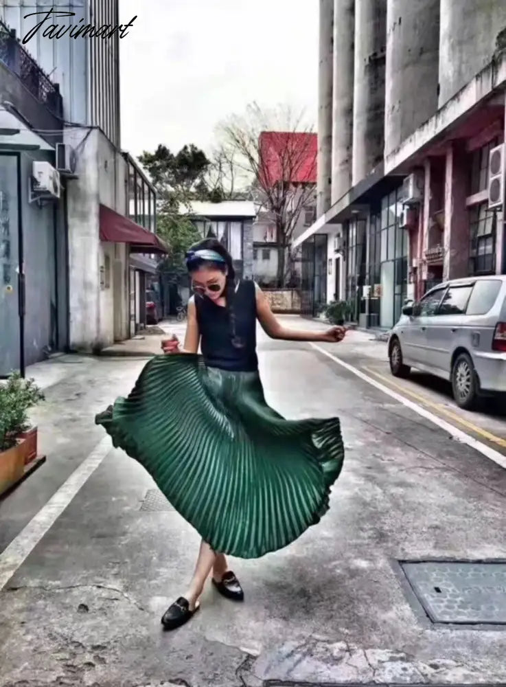 Elegant Pleated Skirts Women Autumn High Waisted Stright Long Skirts Femme Streetwear Black Elastic A-line Skirt