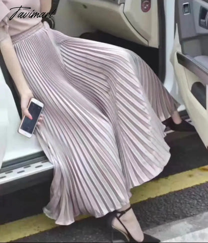 Elegant Pleated Skirts Women Autumn High Waisted Stright Long Skirts Femme Streetwear Black Elastic A-line Skirt