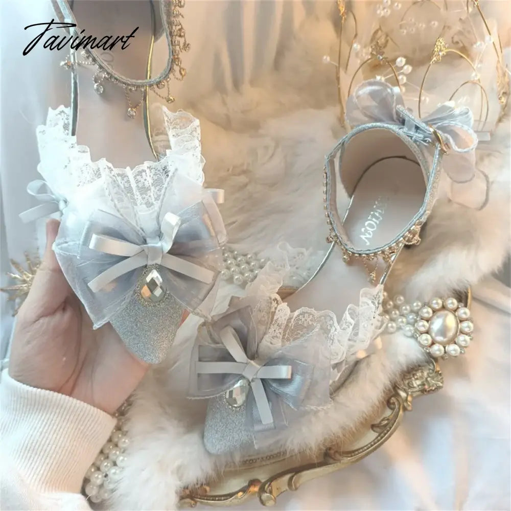 Elegant Retro Style Lolita Cosplay Tea Party Girl Shoes Pointed Lace Ruffled Ribbon Bow Flower Pearl Gem 4.5cm High Heeled Shoes