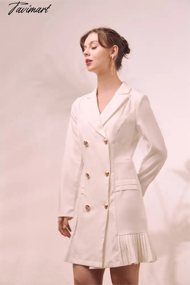 Elegant Ruffle Double Breasted Women Dress Office Blazer White Dress Autumn Winter Slim Suit Ladies Dresses