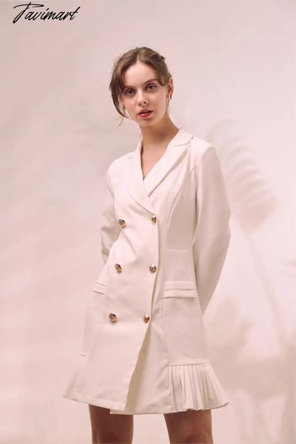 Elegant Ruffle Double Breasted Women Dress Office Blazer White Dress Autumn Winter Slim Suit Ladies Dresses