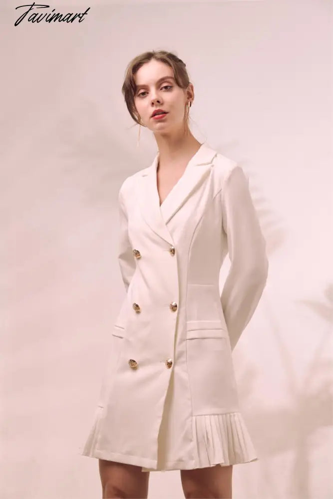 Elegant Ruffle Double Breasted Women Dress Office Blazer White Dress Autumn Winter Slim Suit Ladies Dresses