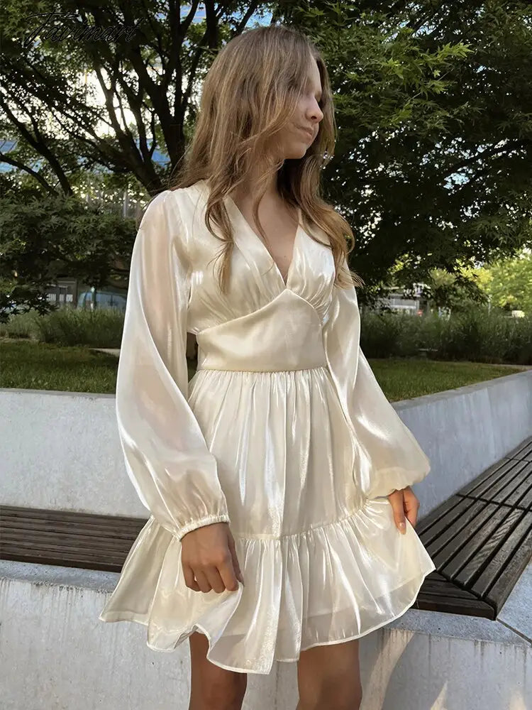 Elegant Satin Mesh High Waist Dress Spring/Autumn Women French Palace Wind A-line Skirt Party Resort Mini Dresses A1930