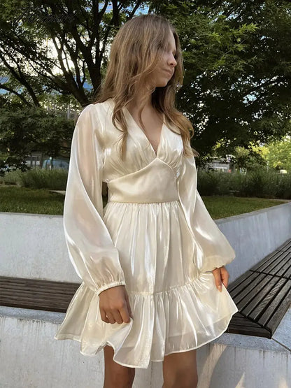Elegant Satin Mesh High Waist Dress Spring/Autumn Women French Palace Wind A-line Skirt Party Resort Mini Dresses A1930