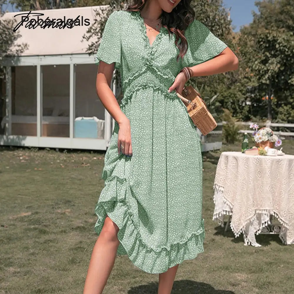 Elegant Sexy Leopard Print Women Dress Women Summer Dresses New Casual V-Neck Empire Short Sleeve Ruffle Midi A-line Dress