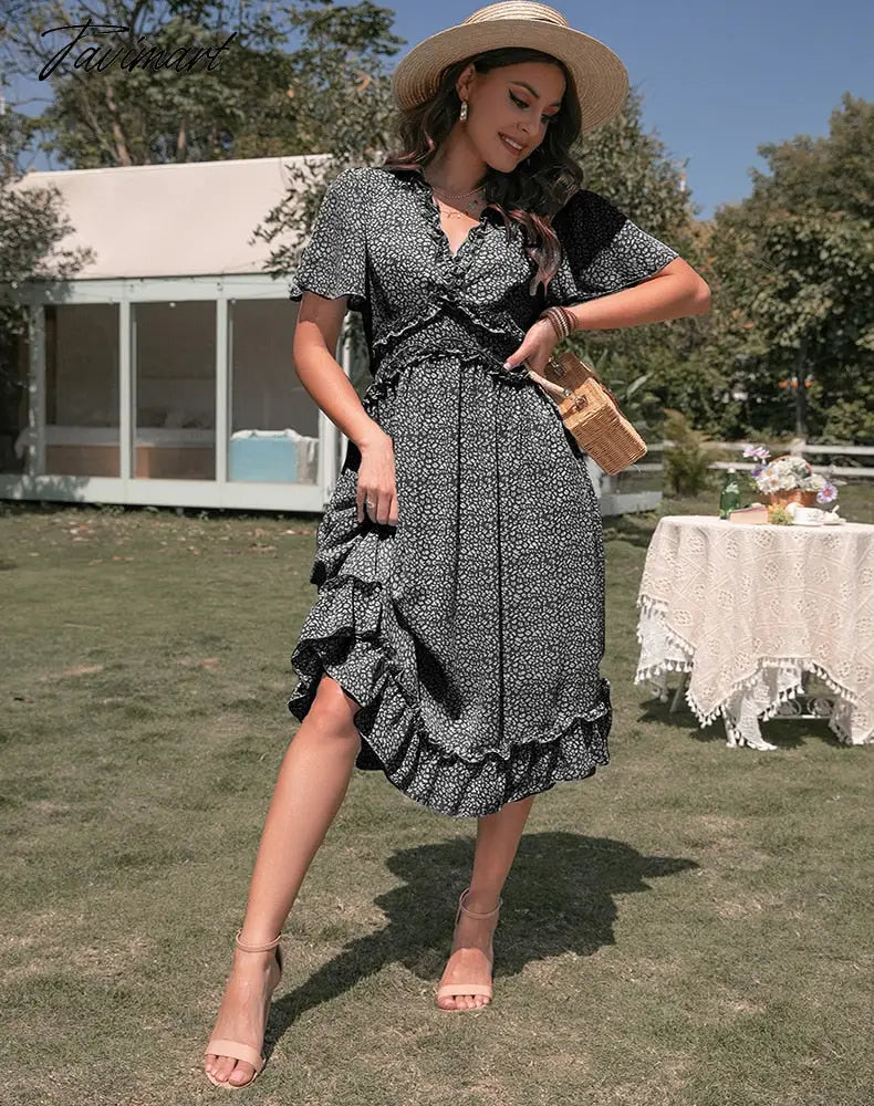 Elegant Sexy Leopard Print Women Dress Women Summer Dresses New Casual V-Neck Empire Short Sleeve Ruffle Midi A-line Dress
