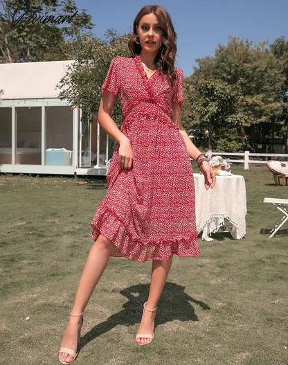 Elegant Sexy Leopard Print Women Dress Women Summer Dresses New Casual V-Neck Empire Short Sleeve Ruffle Midi A-line Dress