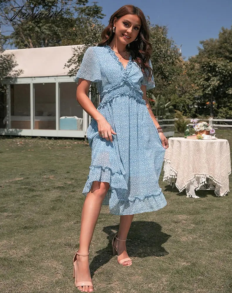 Elegant Sexy Leopard Print Women Dress Women Summer Dresses New Casual V-Neck Empire Short Sleeve Ruffle Midi A-line Dress