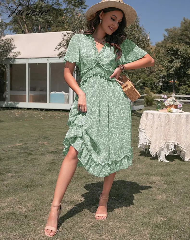 Elegant Sexy Leopard Print Women Dress Women Summer Dresses New Casual V-Neck Empire Short Sleeve Ruffle Midi A-line Dress