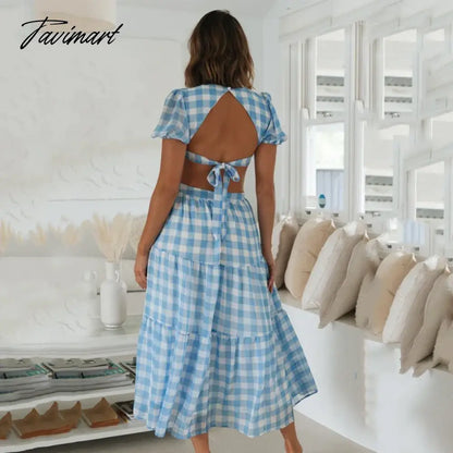 Elegant Short Sleeve V Neck Plaid Summer Midi Dress For Women Hollow Out Backless Lace Up A-Line Holiday Beach Dress