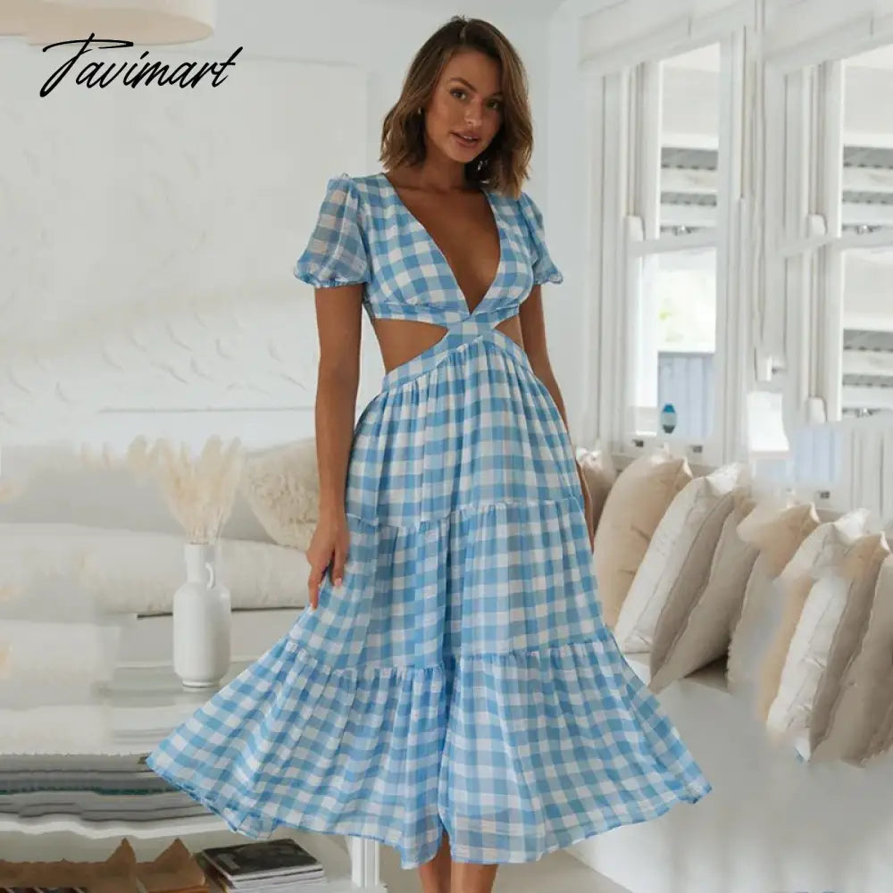 Elegant Short Sleeve V Neck Plaid Summer Midi Dress For Women Hollow Out Backless Lace Up A-Line Holiday Beach Dress