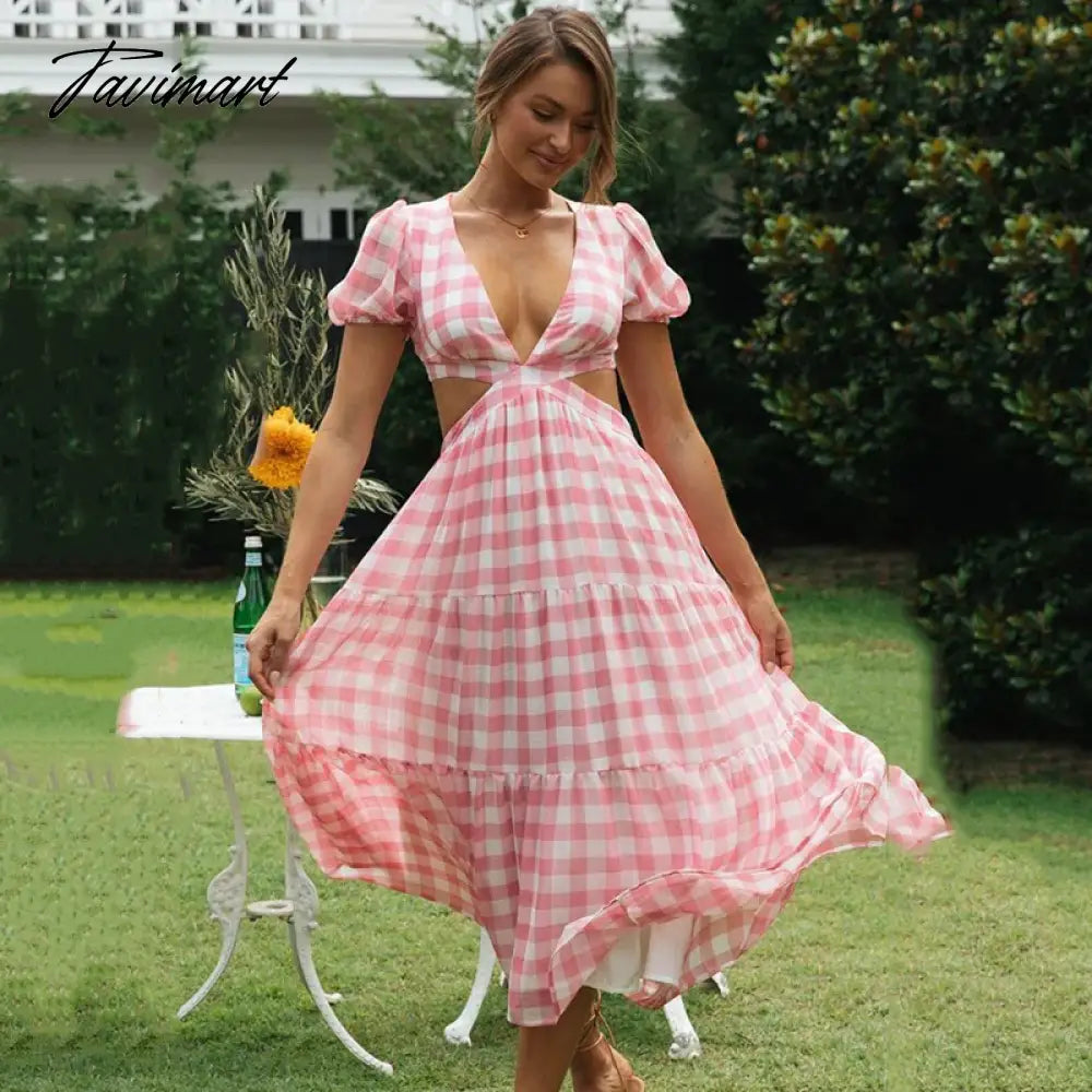 Elegant Short Sleeve V Neck Plaid Summer Midi Dress For Women Hollow Out Backless Lace Up A-Line Holiday Beach Dress