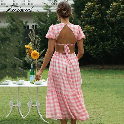 Elegant Short Sleeve V Neck Plaid Summer Midi Dress For Women Hollow Out Backless Lace Up A-Line Holiday Beach Dress