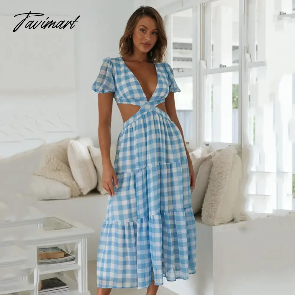 Elegant Short Sleeve V Neck Plaid Summer Midi Dress For Women Hollow Out Backless Lace Up A-Line Holiday Beach Dress