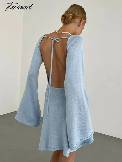 Elegant Solid Backless Lace Up Knit Mini Dress Women U-neck Flare Long Sleeve A-line Dresses Summer Lady Beach Chic Robe