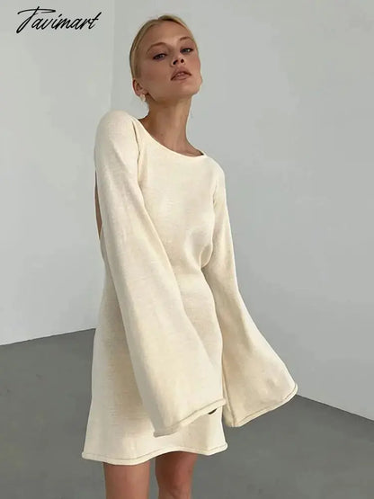 Elegant Solid Backless Lace Up Knit Mini Dress Women U-neck Flare Long Sleeve A-line Dresses Summer Lady Beach Chic Robe