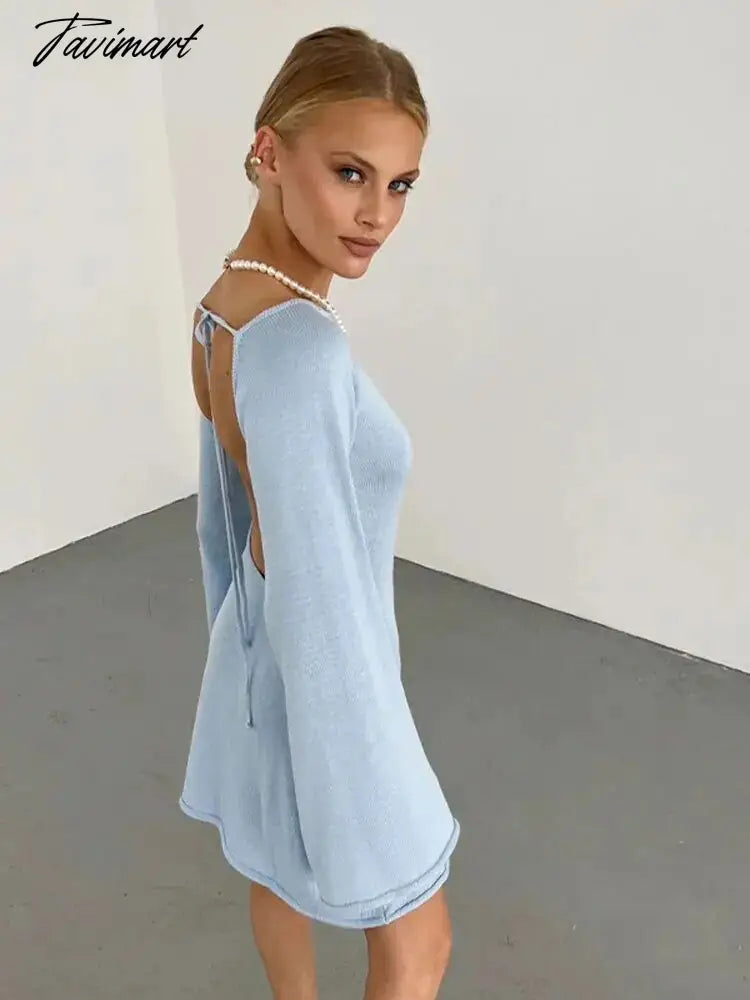 Elegant Solid Backless Lace Up Knit Mini Dress Women U-neck Flare Long Sleeve A-line Dresses Summer Lady Beach Chic Robe