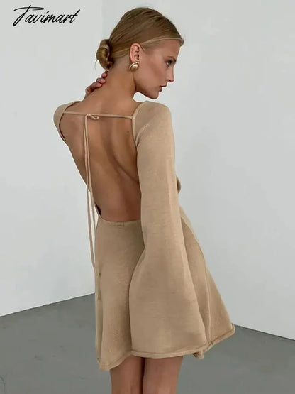 Elegant Solid Backless Lace Up Knit Mini Dress Women U-neck Flare Long Sleeve A-line Dresses Summer Lady Beach Chic Robe