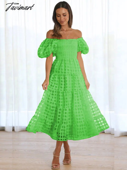 Elegant Solid Color One-shoulder Bubble Sleeve Tie Waist Dress Women Summer Beach Wear Sexy Hollow Out Maxi Dresses A2654