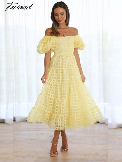 Elegant Solid Color One-shoulder Bubble Sleeve Tie Waist Dress Women Summer Beach Wear Sexy Hollow Out Maxi Dresses A2654