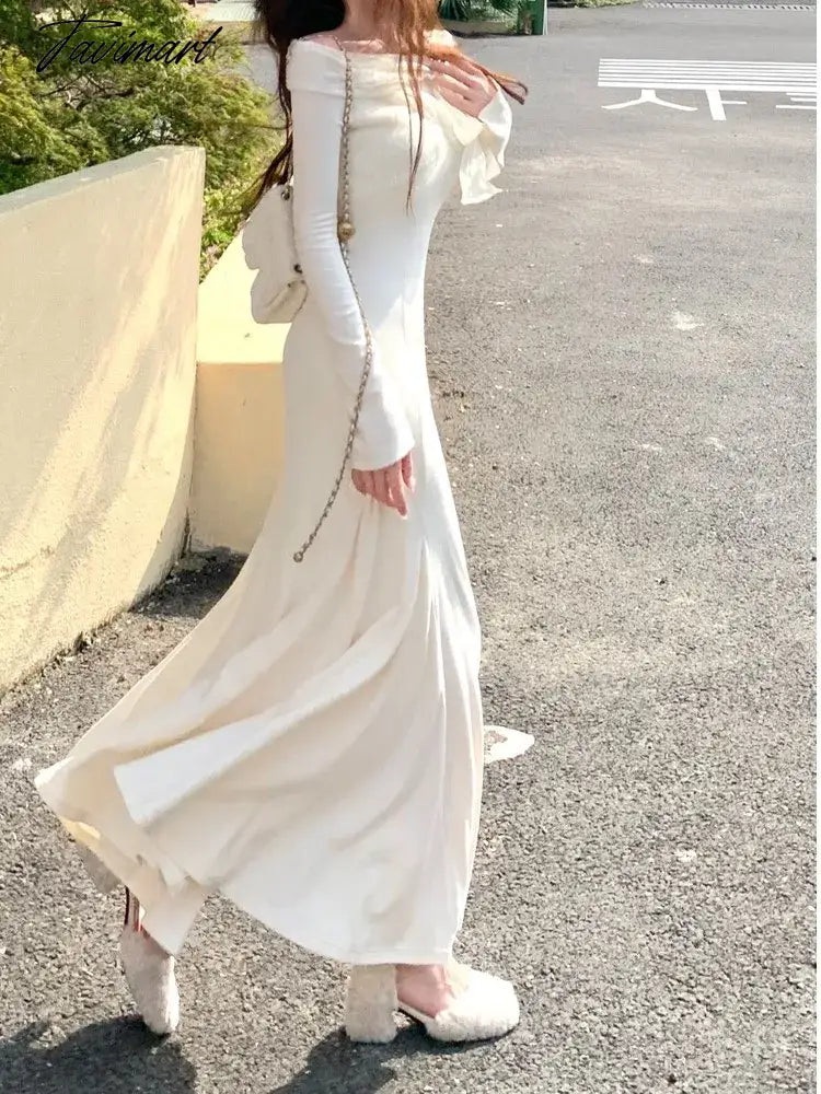 Elegant Solid Maxi Dress Women Long Sleeve Off Shoulder Lace Up Slim Mermaid Autumn Winter Wedding Party Vestidos Robe Mujer New
