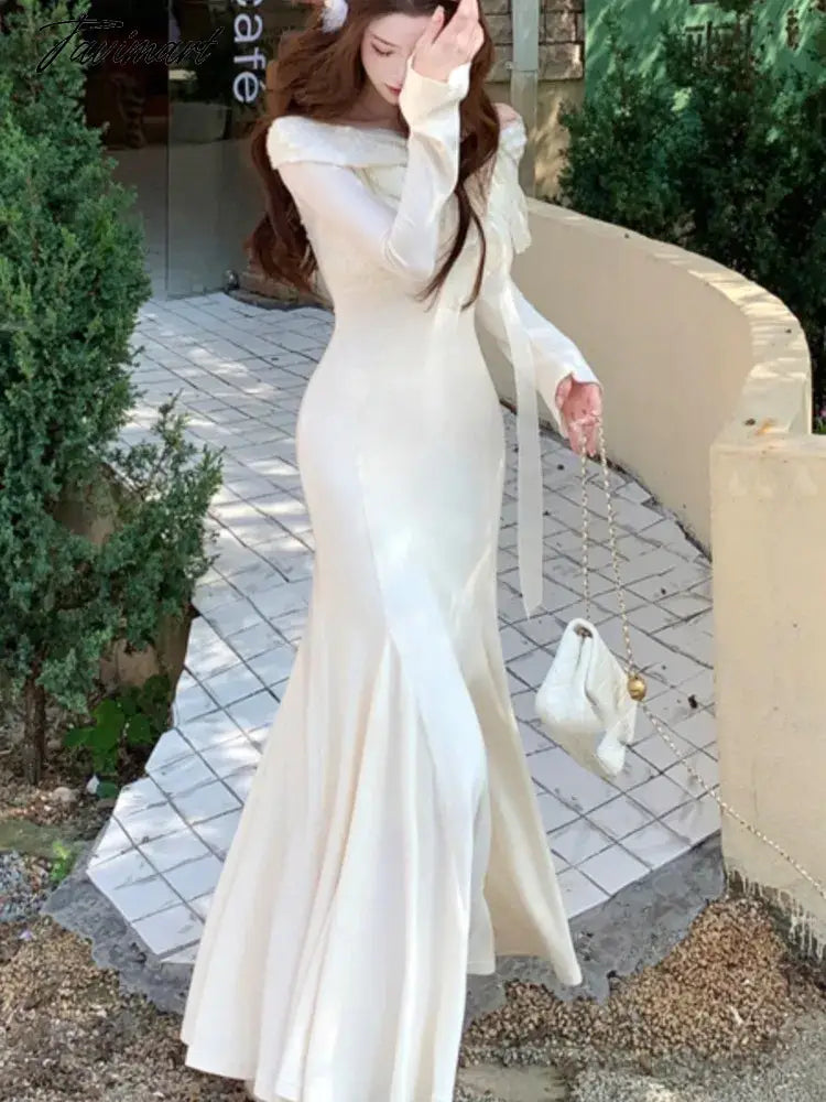 Elegant Solid Maxi Dress Women Long Sleeve Off Shoulder Lace Up Slim Mermaid Autumn Winter Wedding Party Vestidos Robe Mujer New
