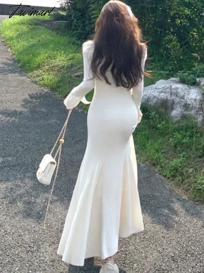 Elegant Solid Maxi Dress Women Long Sleeve Off Shoulder Lace Up Slim Mermaid Autumn Winter Wedding Party Vestidos Robe Mujer New