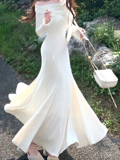 Elegant Solid Maxi Dress Women Long Sleeve Off Shoulder Lace Up Slim Mermaid Autumn Winter Wedding Party Vestidos Robe Mujer New