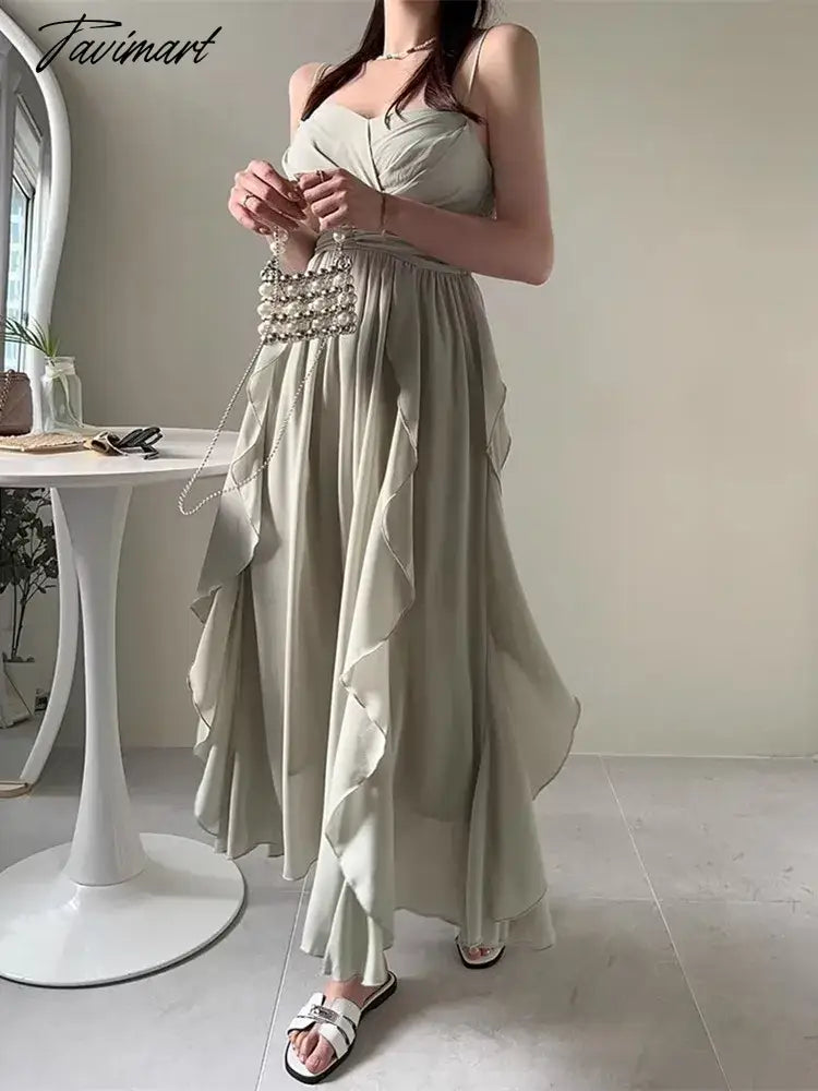 Elegant Spaghetti Strap Fold Tierred Ruffles Dresses For Women Summer Off Shoulder Slim Waist Party Dress