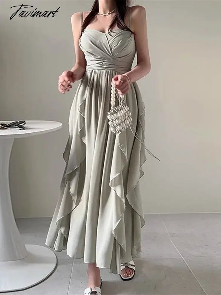 Elegant Spaghetti Strap Fold Tierred Ruffles Dresses For Women Summer Off Shoulder Slim Waist Party Dress