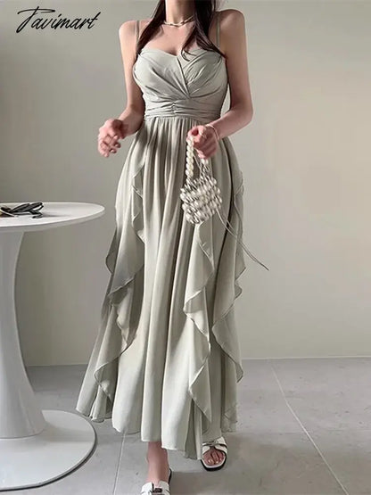 Elegant Spaghetti Strap Fold Tierred Ruffles Dresses For Women Summer Off Shoulder Slim Waist Party Dress
