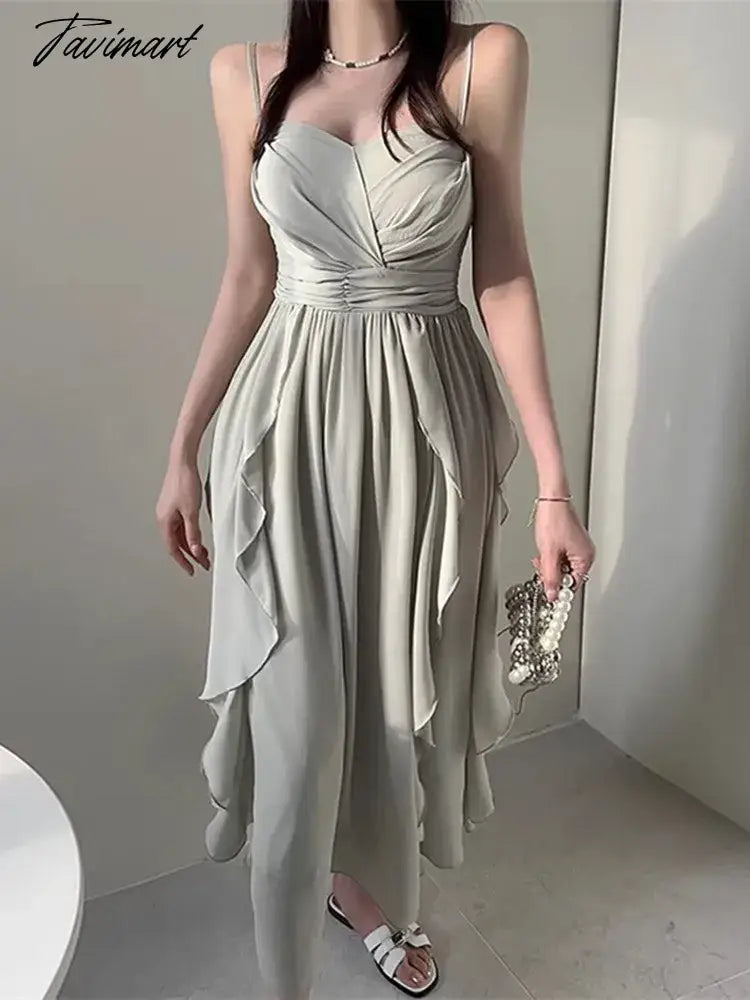 Elegant Spaghetti Strap Fold Tierred Ruffles Dresses For Women Summer Off Shoulder Slim Waist Party Dress