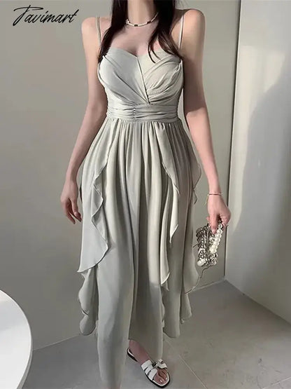 Elegant Spaghetti Strap Fold Tierred Ruffles Dresses For Women Summer Off Shoulder Slim Waist Party Dress