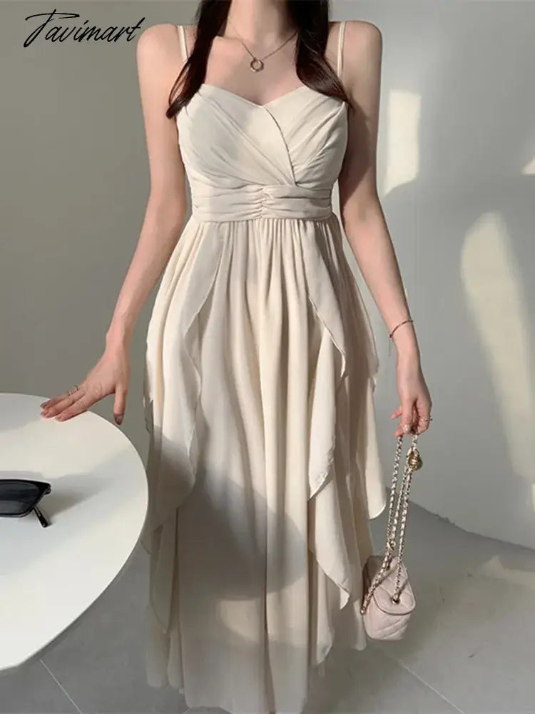 Elegant Spaghetti Strap Fold Tierred Ruffles Dresses For Women Summer Off Shoulder Slim Waist Party Dress