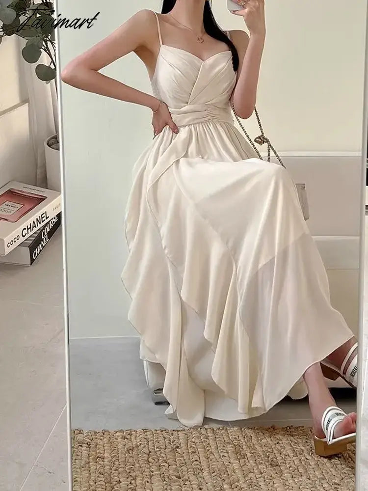 Elegant Spaghetti Strap Fold Tierred Ruffles Dresses For Women Summer Off Shoulder Slim Waist Party Dress