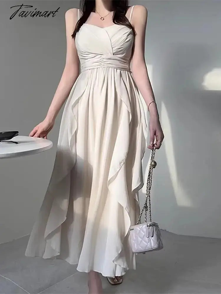 Elegant Spaghetti Strap Fold Tierred Ruffles Dresses For Women Summer Off Shoulder Slim Waist Party Dress