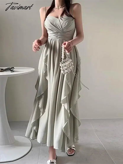 Elegant Spaghetti Strap Fold Tierred Ruffles Dresses For Women Summer Off Shoulder Slim Waist Party Dress