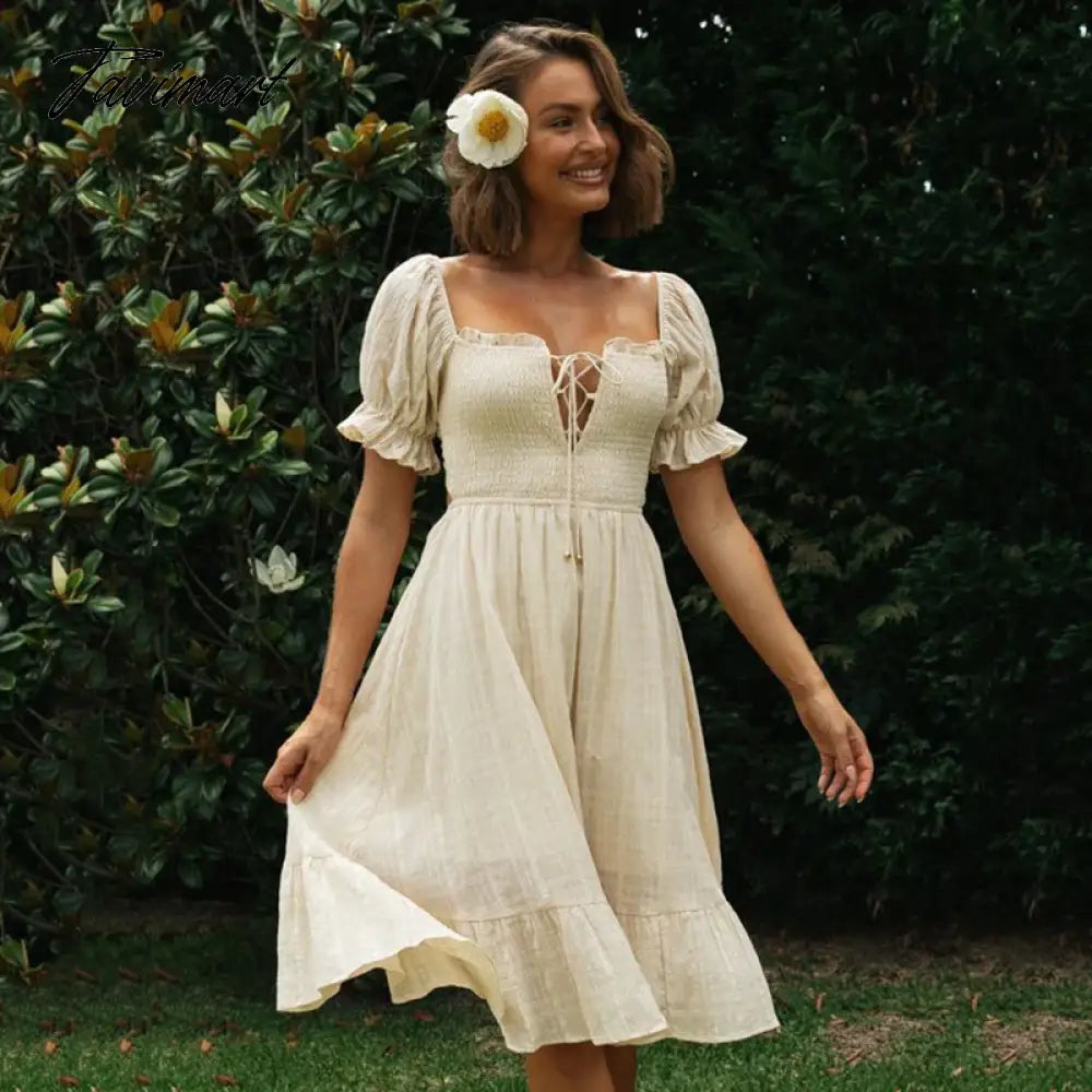 Elegant Square Collar Lace Up A-Line Summer Midi Dresses For Women Vintage Short Sleeve Backless Ruffle Party Dress