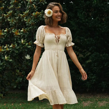 Elegant Square Collar Lace Up A-Line Summer Midi Dresses For Women Vintage Short Sleeve Backless Ruffle Party Dress