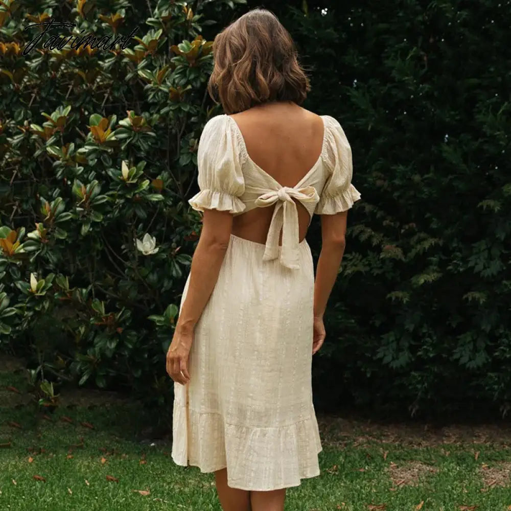 Elegant Square Collar Lace Up A-Line Summer Midi Dresses For Women Vintage Short Sleeve Backless Ruffle Party Dress