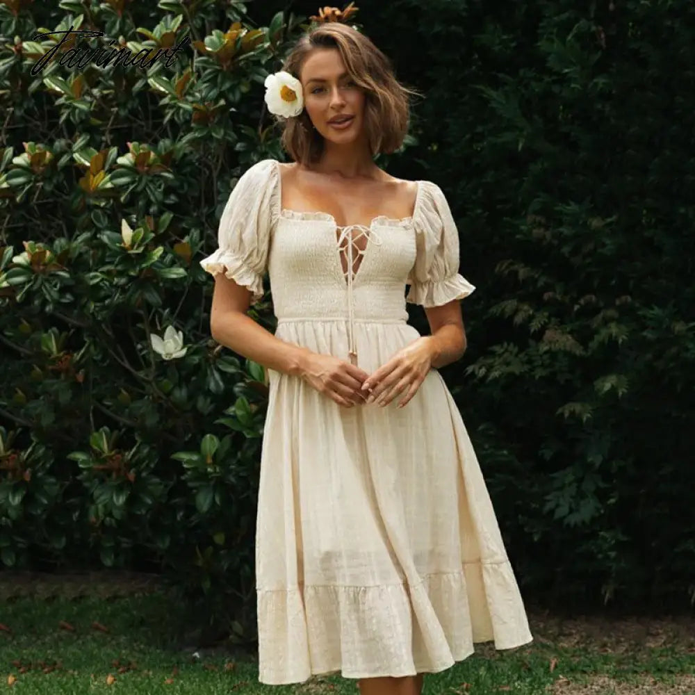 Elegant Square Collar Lace Up A-Line Summer Midi Dresses For Women Vintage Short Sleeve Backless Ruffle Party Dress