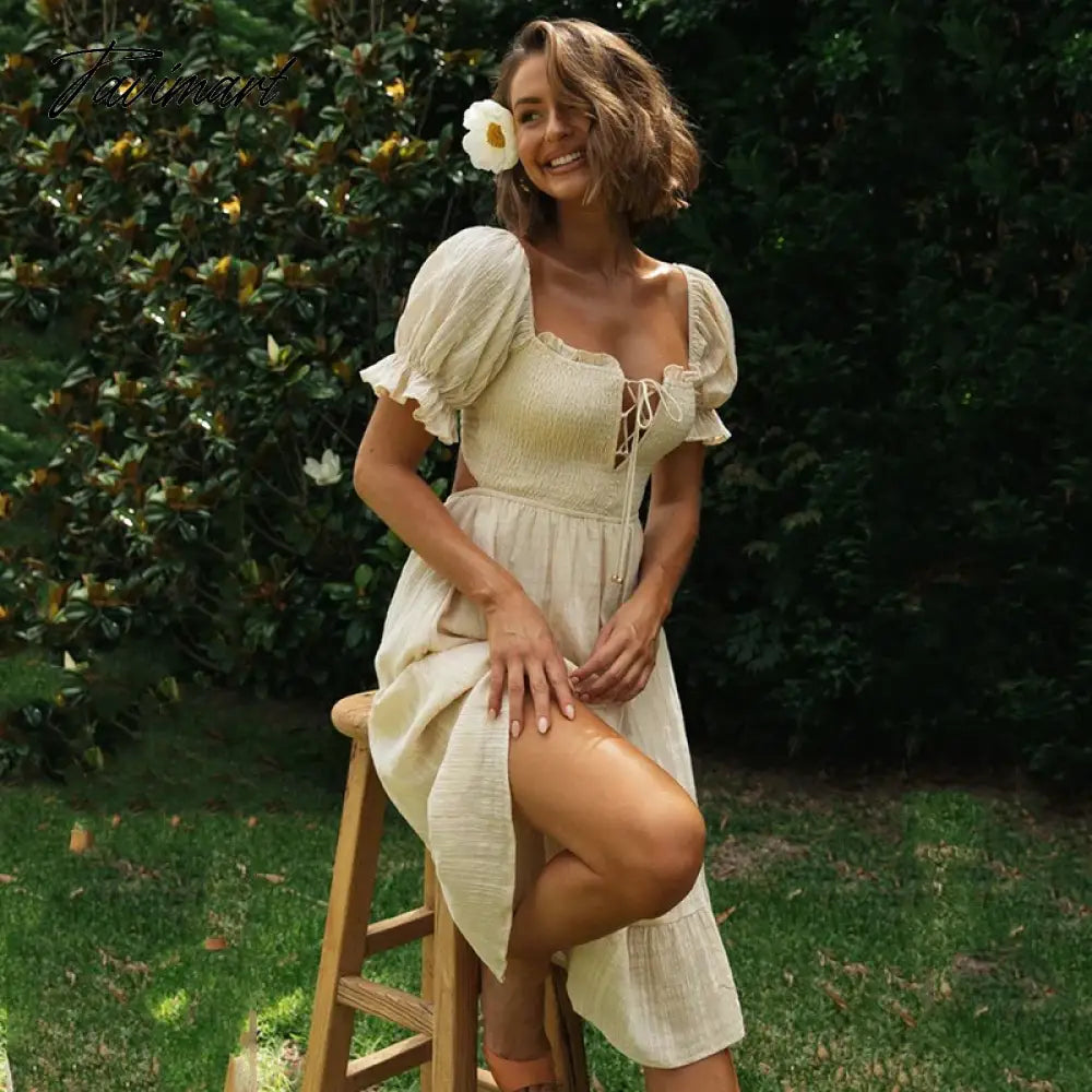Elegant Square Collar Lace Up A-Line Summer Midi Dresses For Women Vintage Short Sleeve Backless Ruffle Party Dress